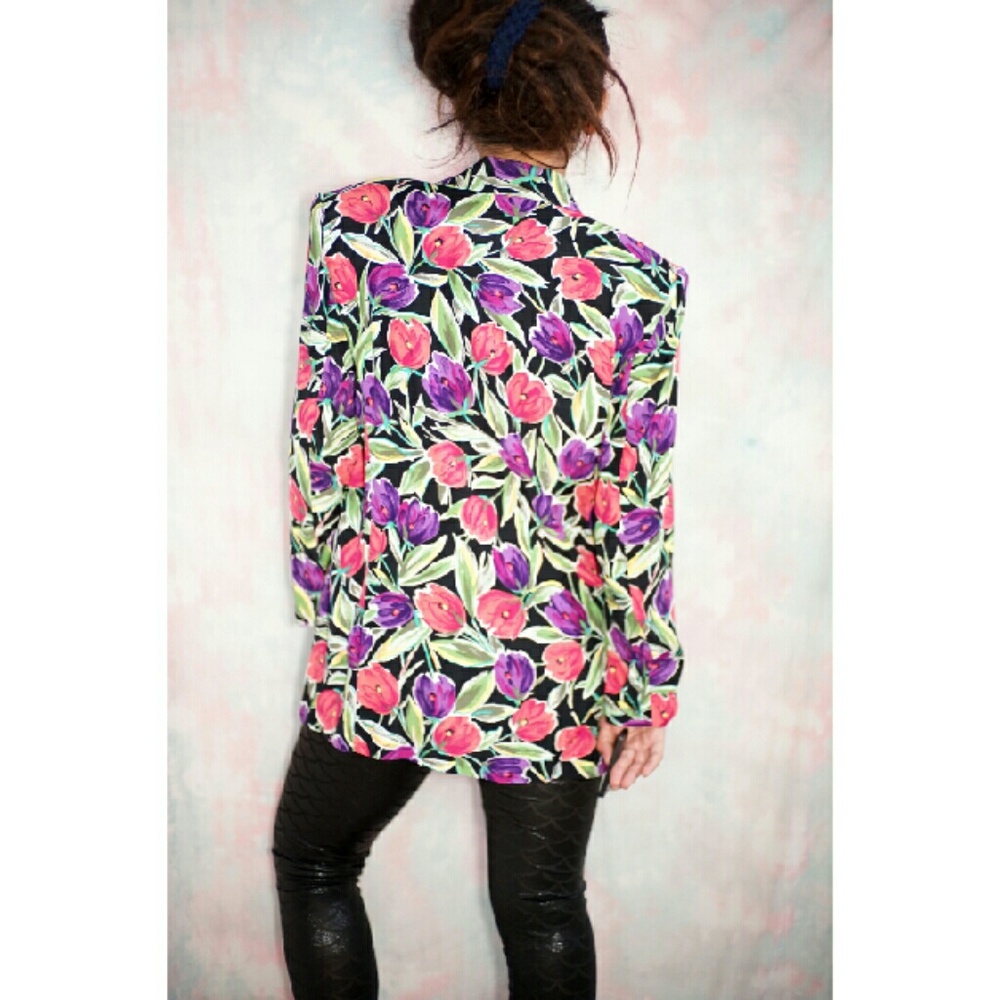 VTG Norton McNaughton Blazer Women Open Front tulip Floral Jacket Shoulder Pad - Picture 3 of 8